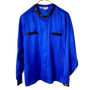 Vintage Anne Klein Blue Animal Print Shiny Faux Leather Button Up Blouse Size 12
